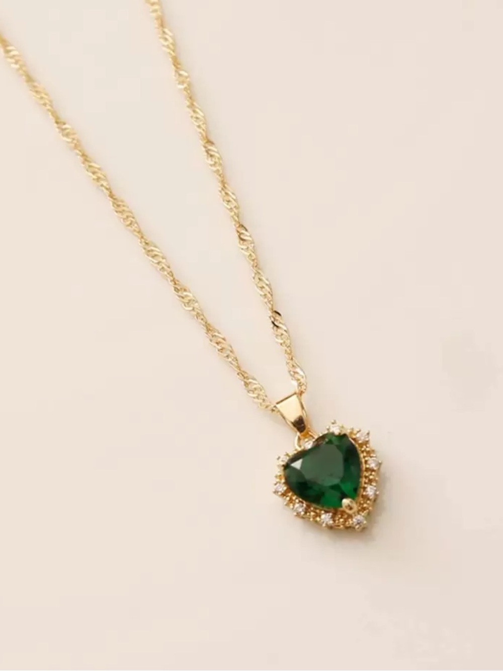 Gold Heart Pendant Necklace with Green Gemstone
